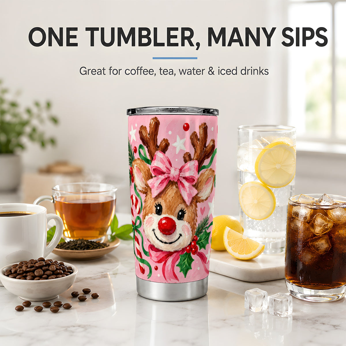 #pl[20oz|Steel] Christmas Reindeer 20oz Tumbler with Pink Bow and Candy Cane Artwork