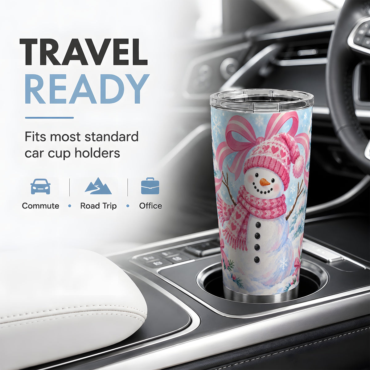 #pl[20oz|Steel] Pink Snowman Christmas 20oz Tumbler with Candy Cane Winter Artwork