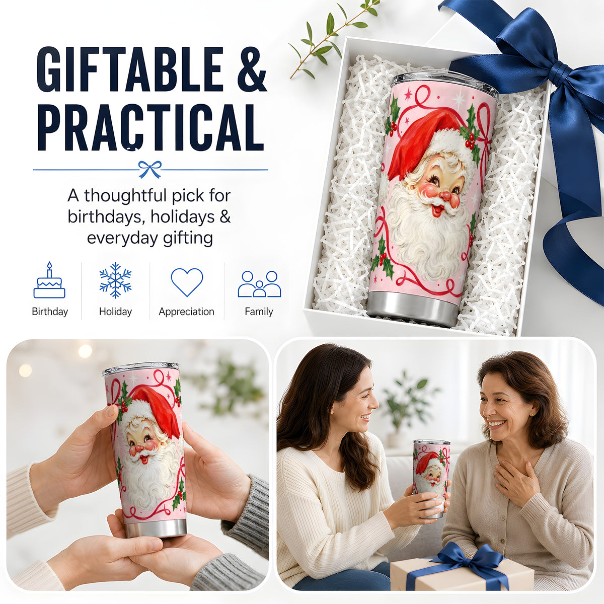 #pl[20oz|Steel] Pink Santa Christmas 20oz Tumbler with Holly and Ribbon Holiday Artwork