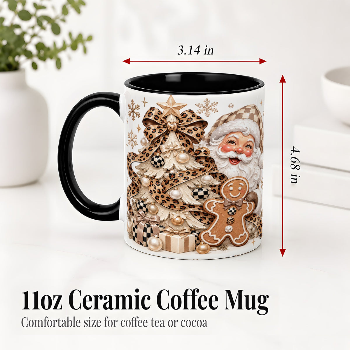 #pl[11oz|Black] Leopard Bow Christmas Ceramic Mug with Santa and Gingerbread