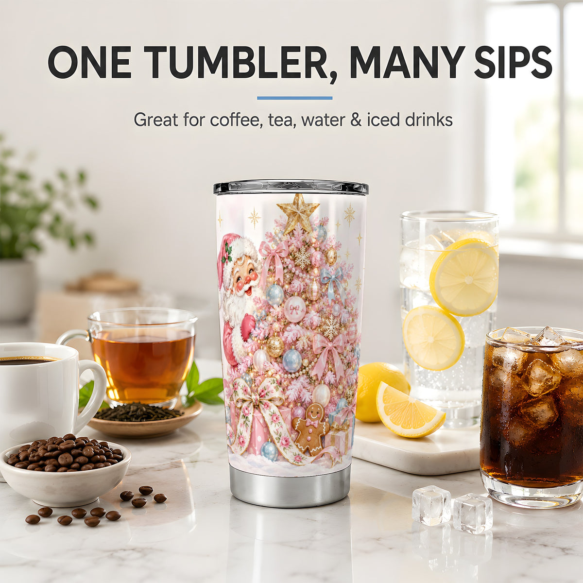 #pl[20oz|Steel] Pink Christmas Tree Santa 20oz Tumbler with Gingerbread Holiday Artwork