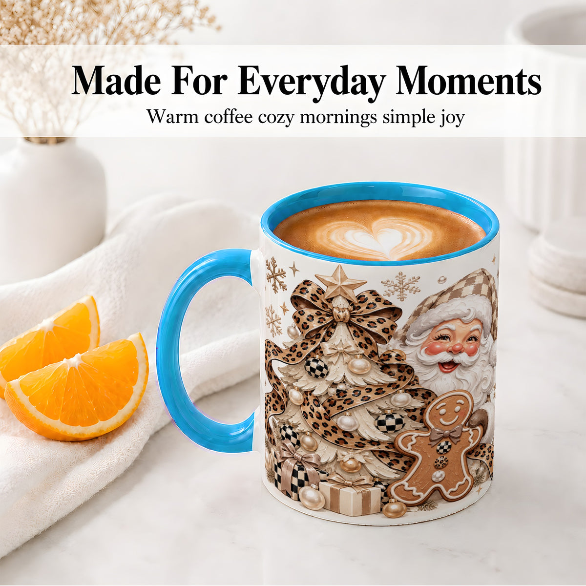 #pl[11oz|Blue] Leopard Bow Christmas Ceramic Mug with Santa and Gingerbread