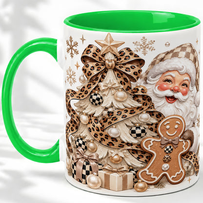 #pl[11oz|Green] Leopard Bow Christmas Ceramic Mug with Santa and Gingerbread