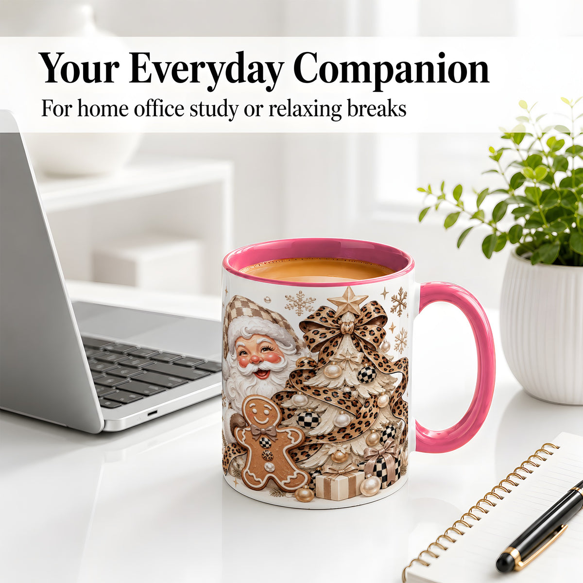 #pl[11oz|Pink] Leopard Bow Christmas Ceramic Mug with Santa and Gingerbread