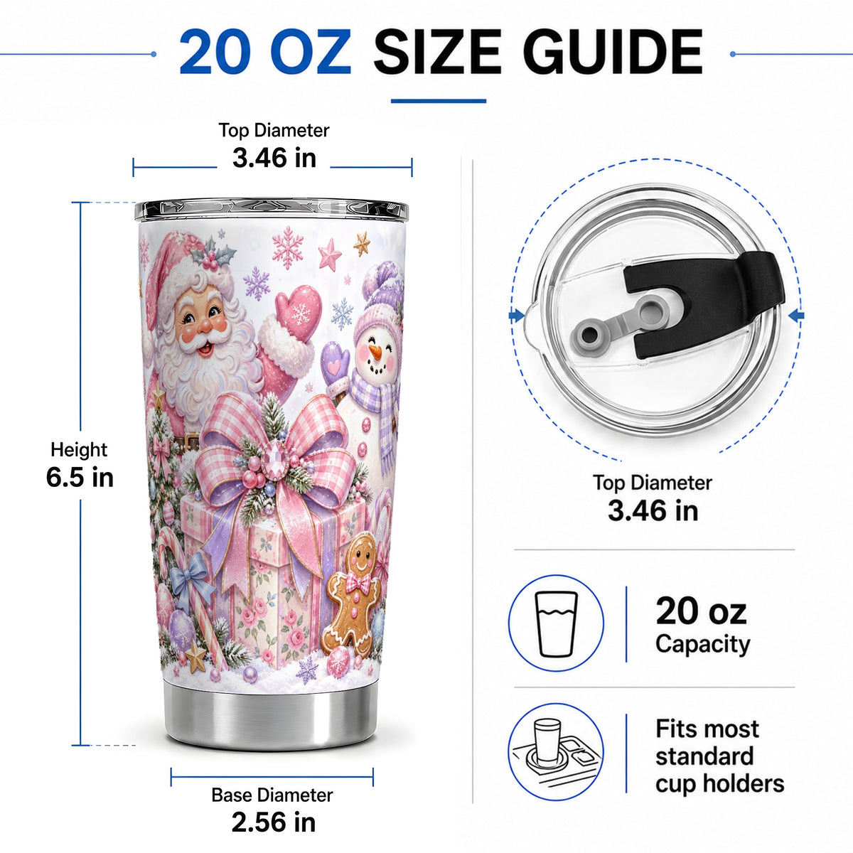 #pl[20oz|Steel] Pastel Christmas Santa 20oz Tumbler with Snowman Bow Holiday Artwork
