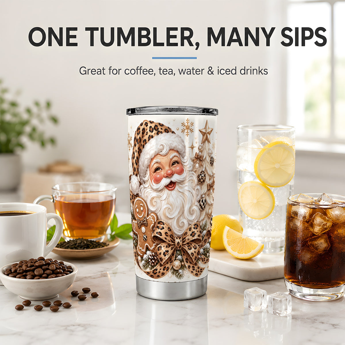 #pl[20oz|Steel] Leopard Santa Christmas 20oz Tumbler with Gingerbread Holiday Artwork