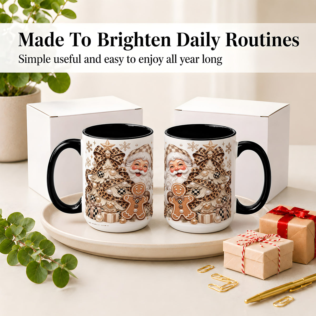 #pl[15oz|Black] Leopard Bow Christmas Ceramic Mug with Santa and Gingerbread