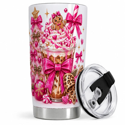 Gingerbread Coffee Christmas 20oz Tumbler with Pink Bow Artwork