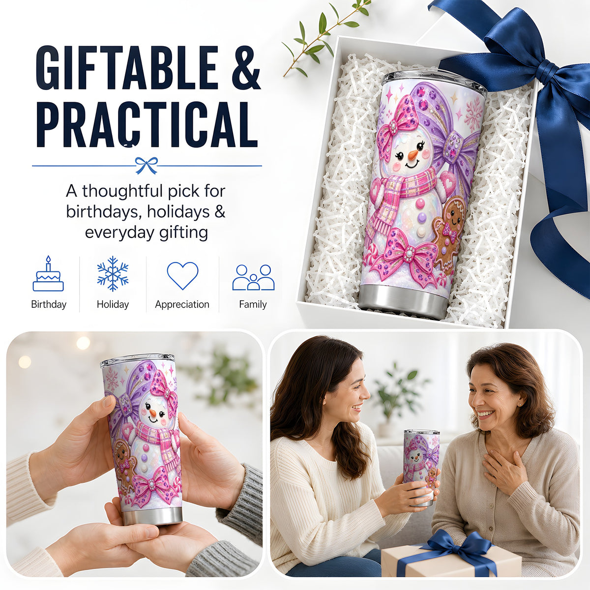 #pl[20oz|Steel] Jeweled Bow Christmas 20oz Tumbler with Pink Snowman Artwork