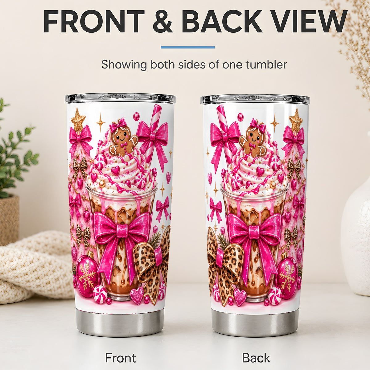 #pl[20oz|Steel] Gingerbread Coffee Christmas 20oz Tumbler with Pink Bow Artwork