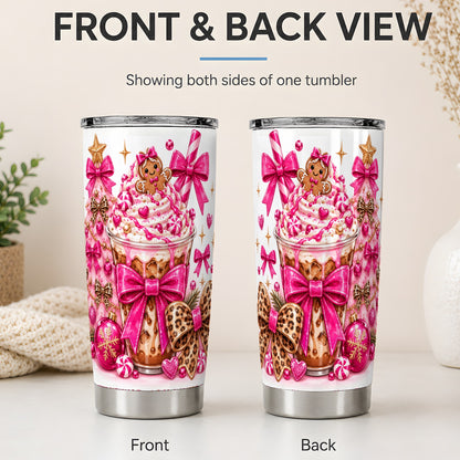 #pl[20oz|Steel] Gingerbread Coffee Christmas 20oz Tumbler with Pink Bow Artwork