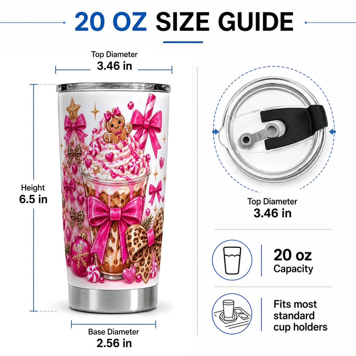 #pl[20oz|Steel] Gingerbread Coffee Christmas 20oz Tumbler with Pink Bow Artwork