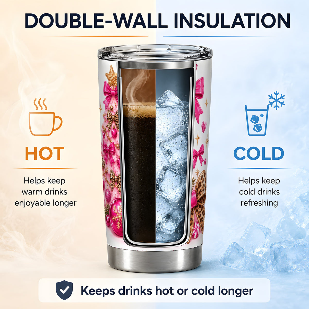 #pl[20oz|Steel] Gingerbread Coffee Christmas 20oz Tumbler with Pink Bow Artwork
