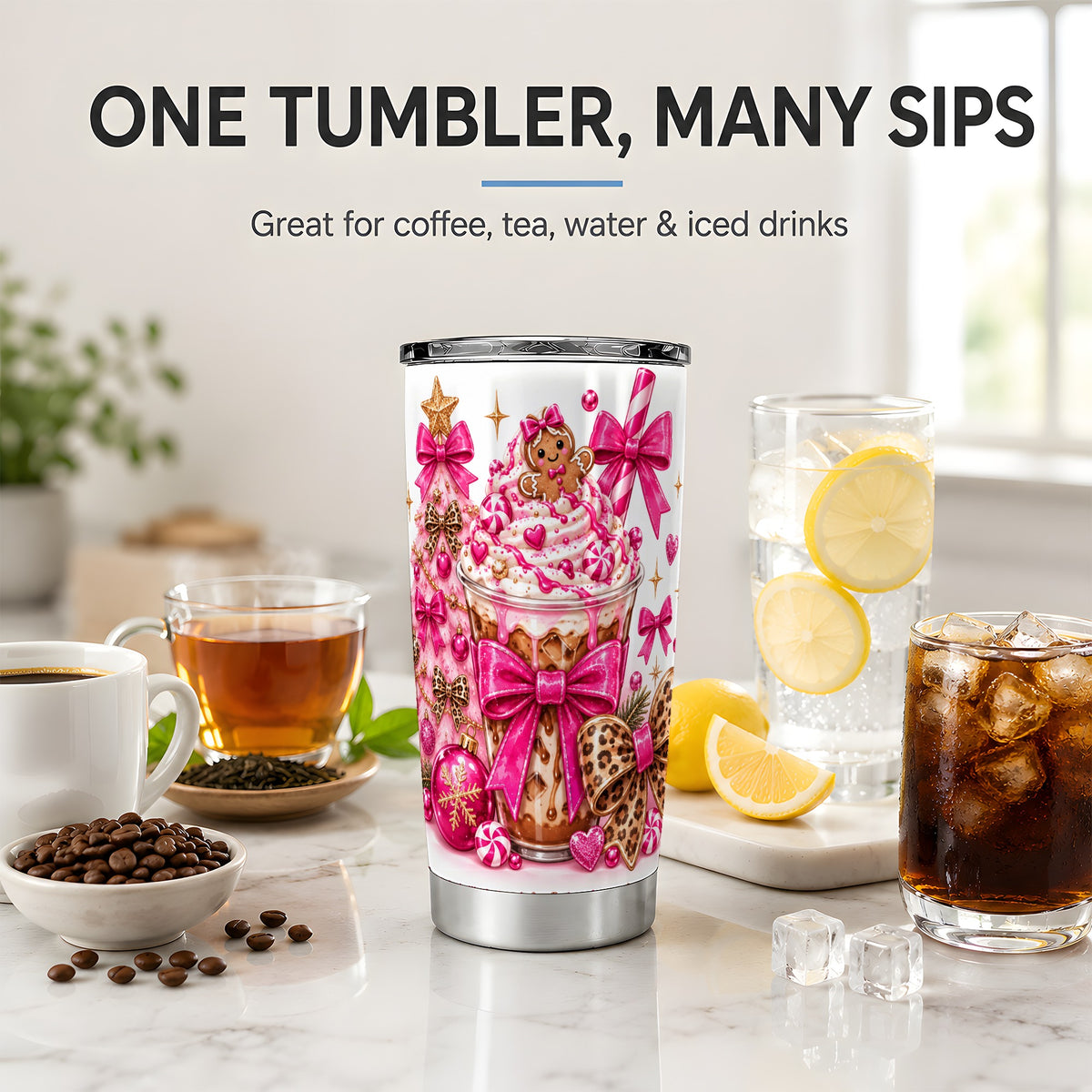 #pl[20oz|Steel] Gingerbread Coffee Christmas 20oz Tumbler with Pink Bow Artwork