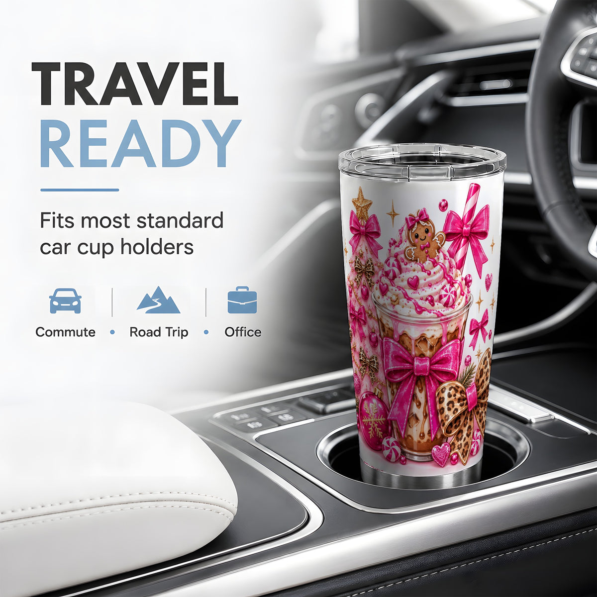 #pl[20oz|Steel] Gingerbread Coffee Christmas 20oz Tumbler with Pink Bow Artwork