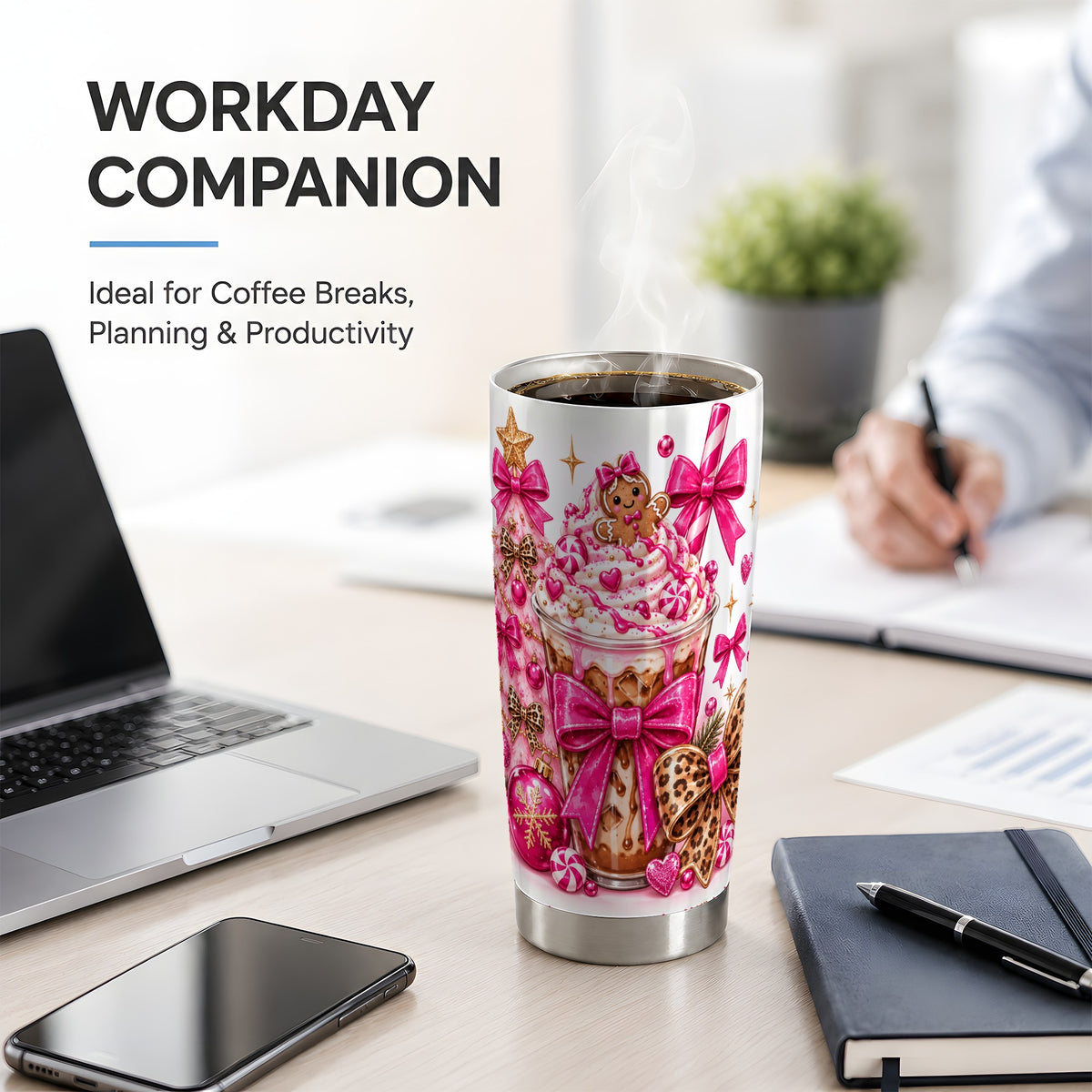 #pl[20oz|Steel] Gingerbread Coffee Christmas 20oz Tumbler with Pink Bow Artwork