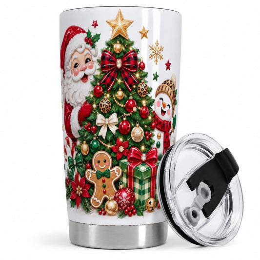 Santa Snowman Christmas 20oz Tumbler with Tree and Ornament Artwork