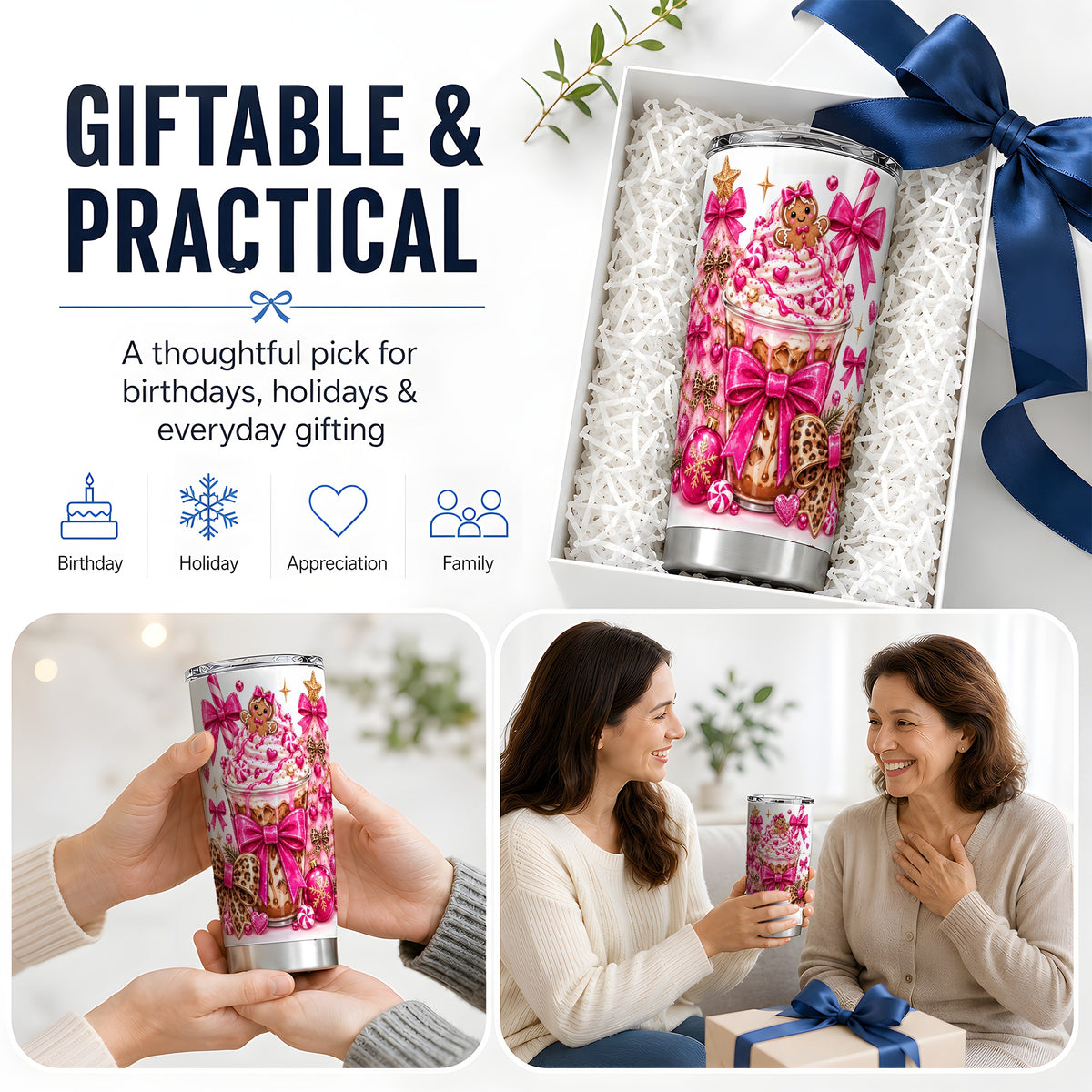 #pl[20oz|Steel] Gingerbread Coffee Christmas 20oz Tumbler with Pink Bow Artwork