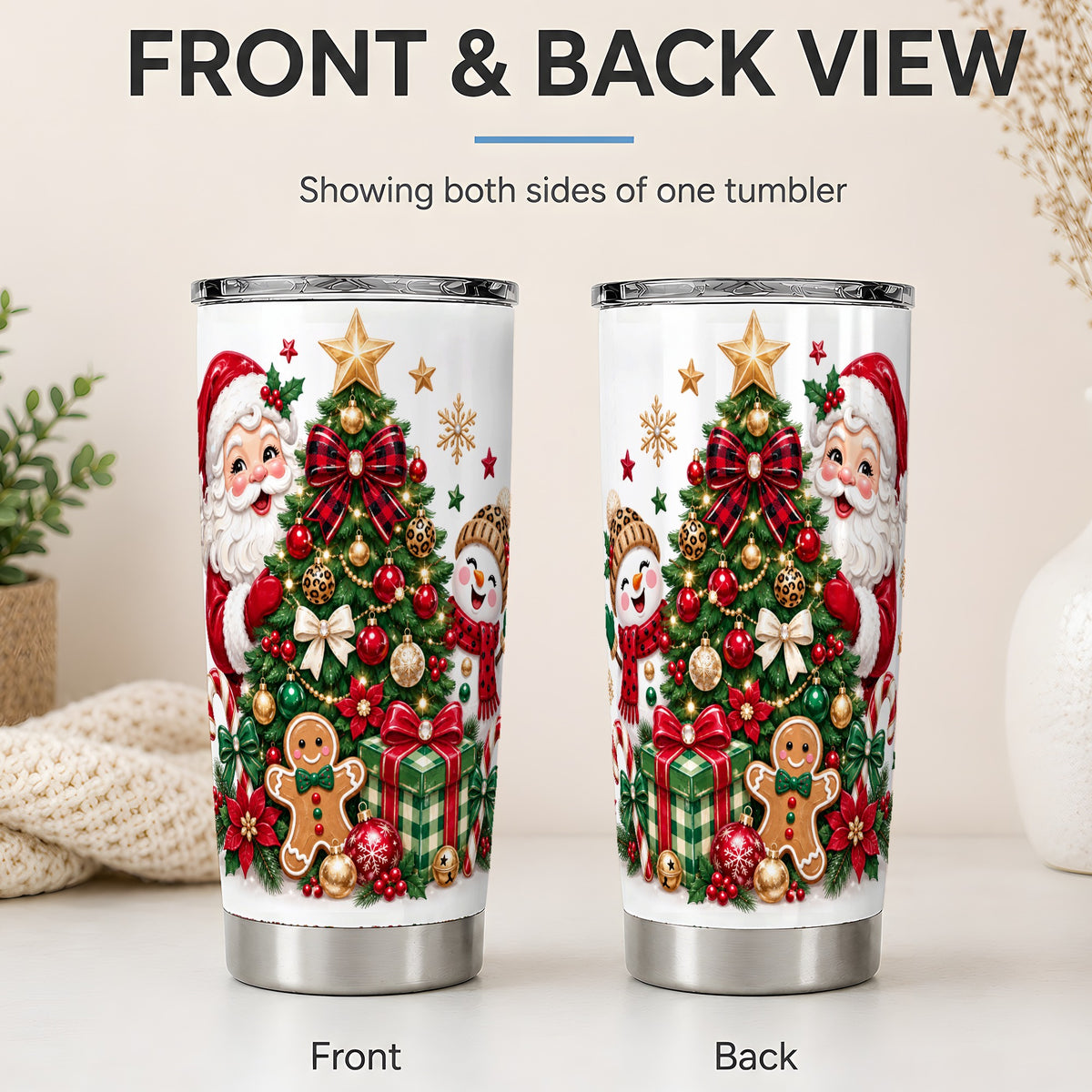 #pl[20oz|Steel] Santa Snowman Christmas 20oz Tumbler with Tree and Ornament Artwork