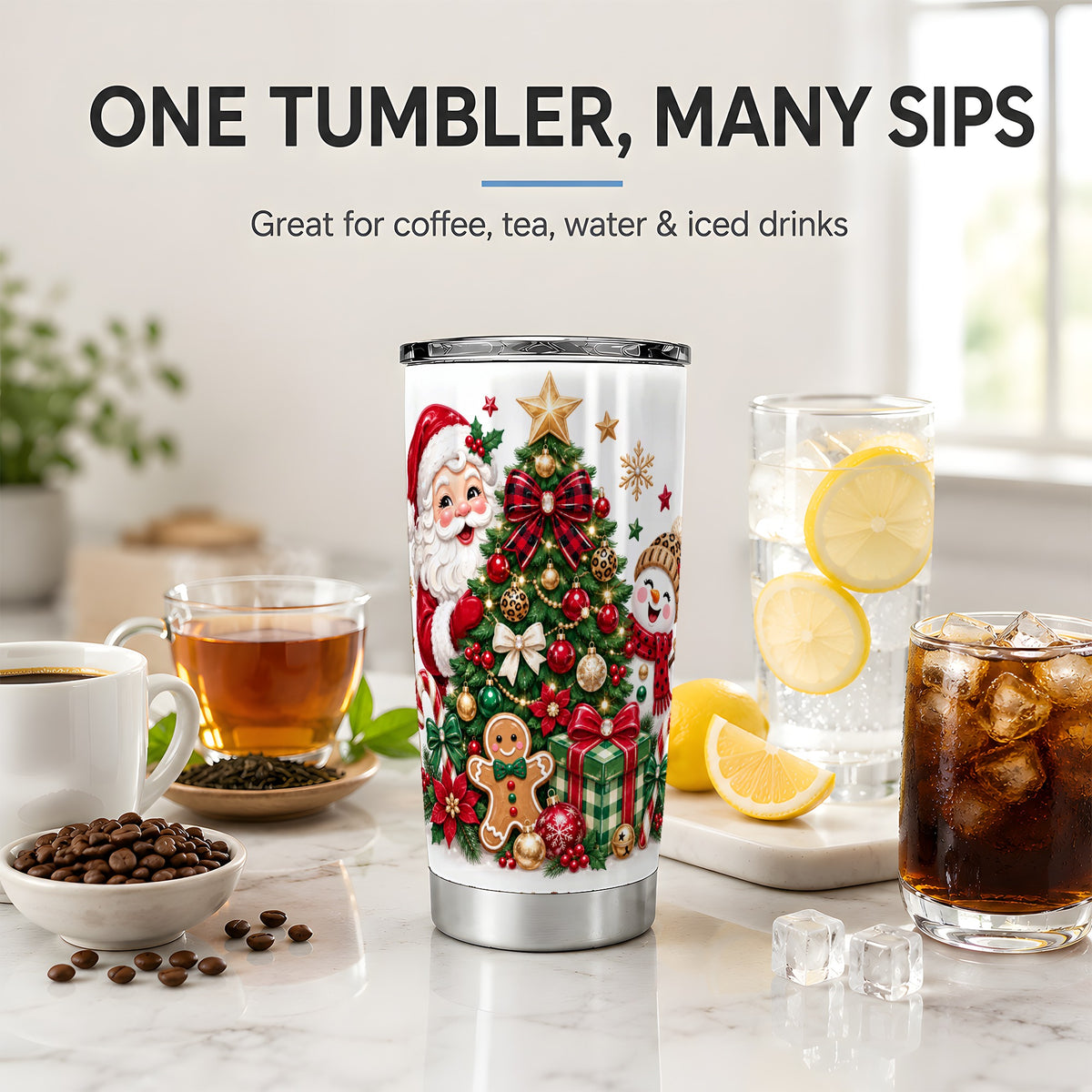 #pl[20oz|Steel] Santa Snowman Christmas 20oz Tumbler with Tree and Ornament Artwork