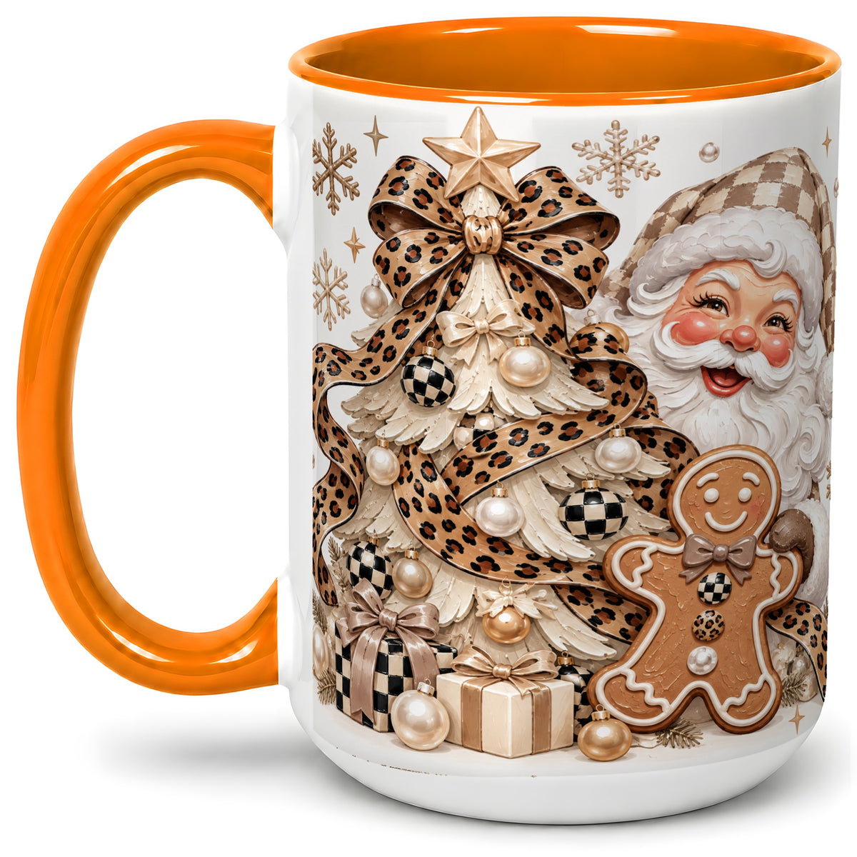 #pl[15oz|Orange] Leopard Bow Christmas Ceramic Mug with Santa and Gingerbread