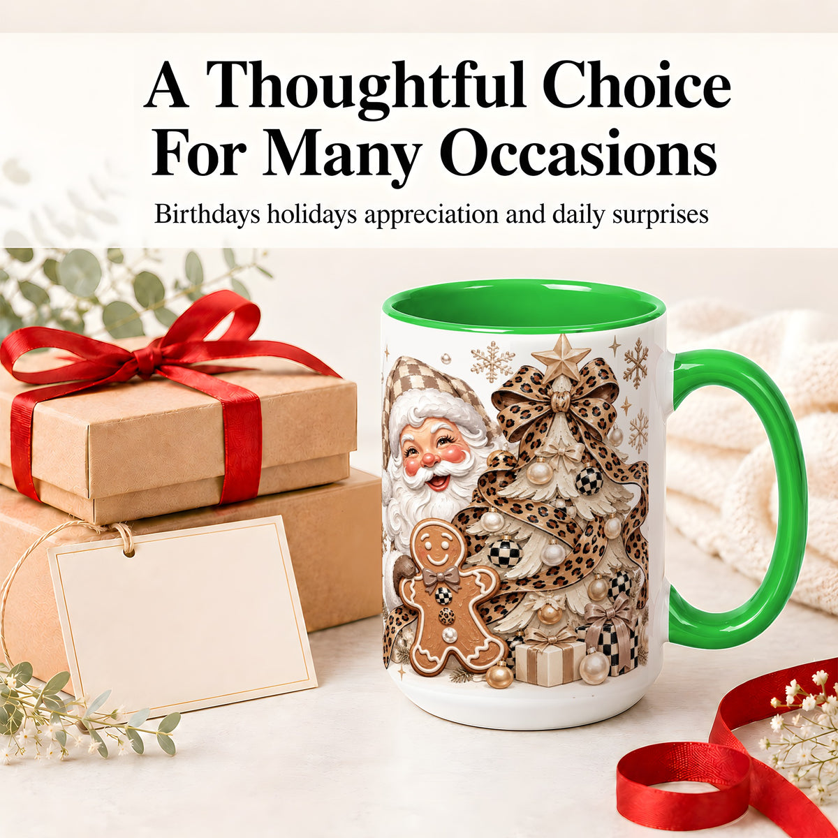 #pl[15oz|Green] Leopard Bow Christmas Ceramic Mug with Santa and Gingerbread