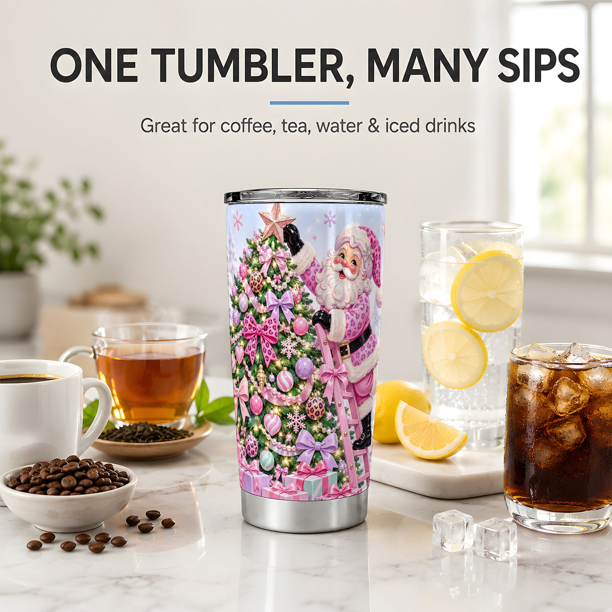 #pl[20oz|Steel] Pink Santa Christmas 20oz Tumbler with Leopard Tree and Bow Artwork
