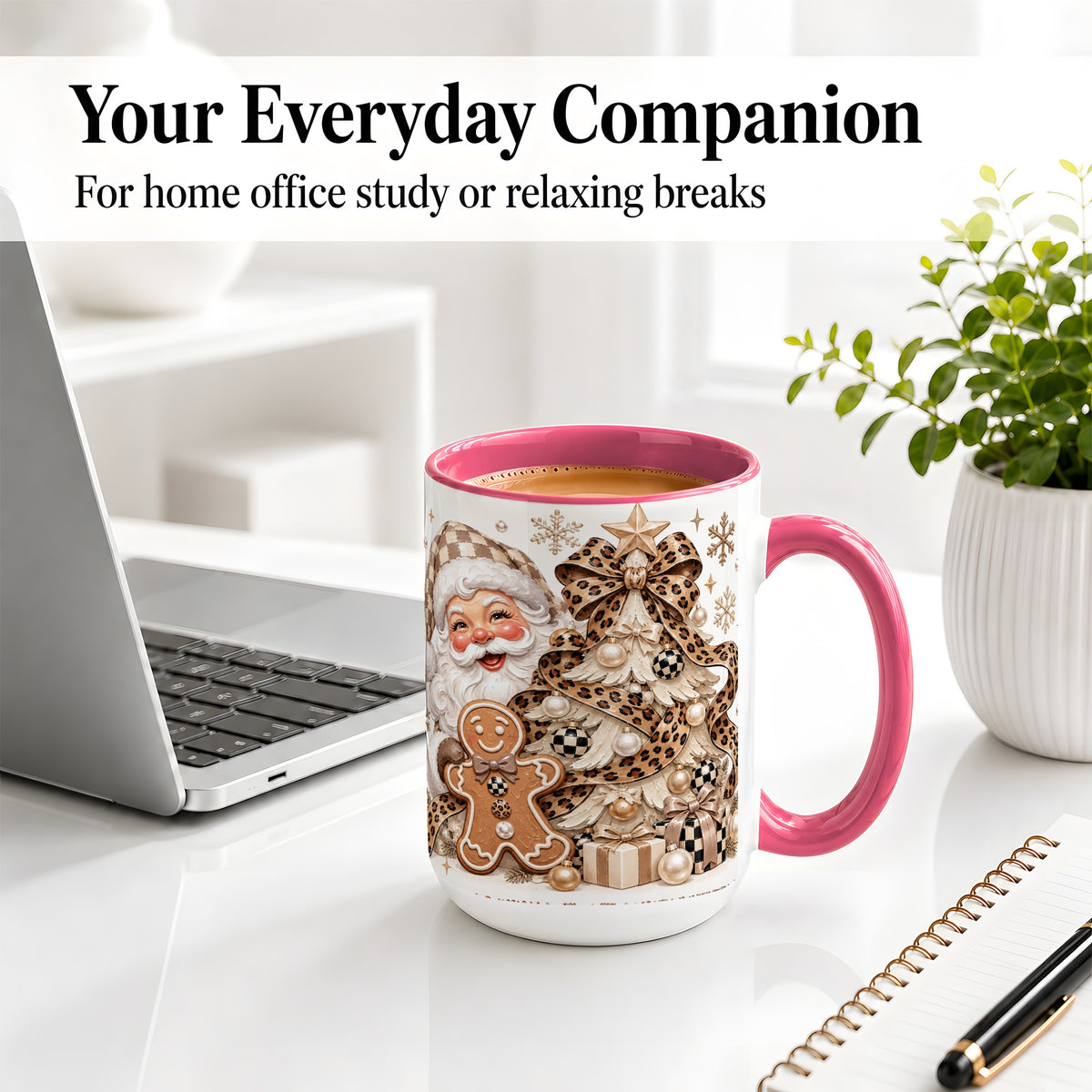 #pl[15oz|Pink] Leopard Bow Christmas Ceramic Mug with Santa and Gingerbread