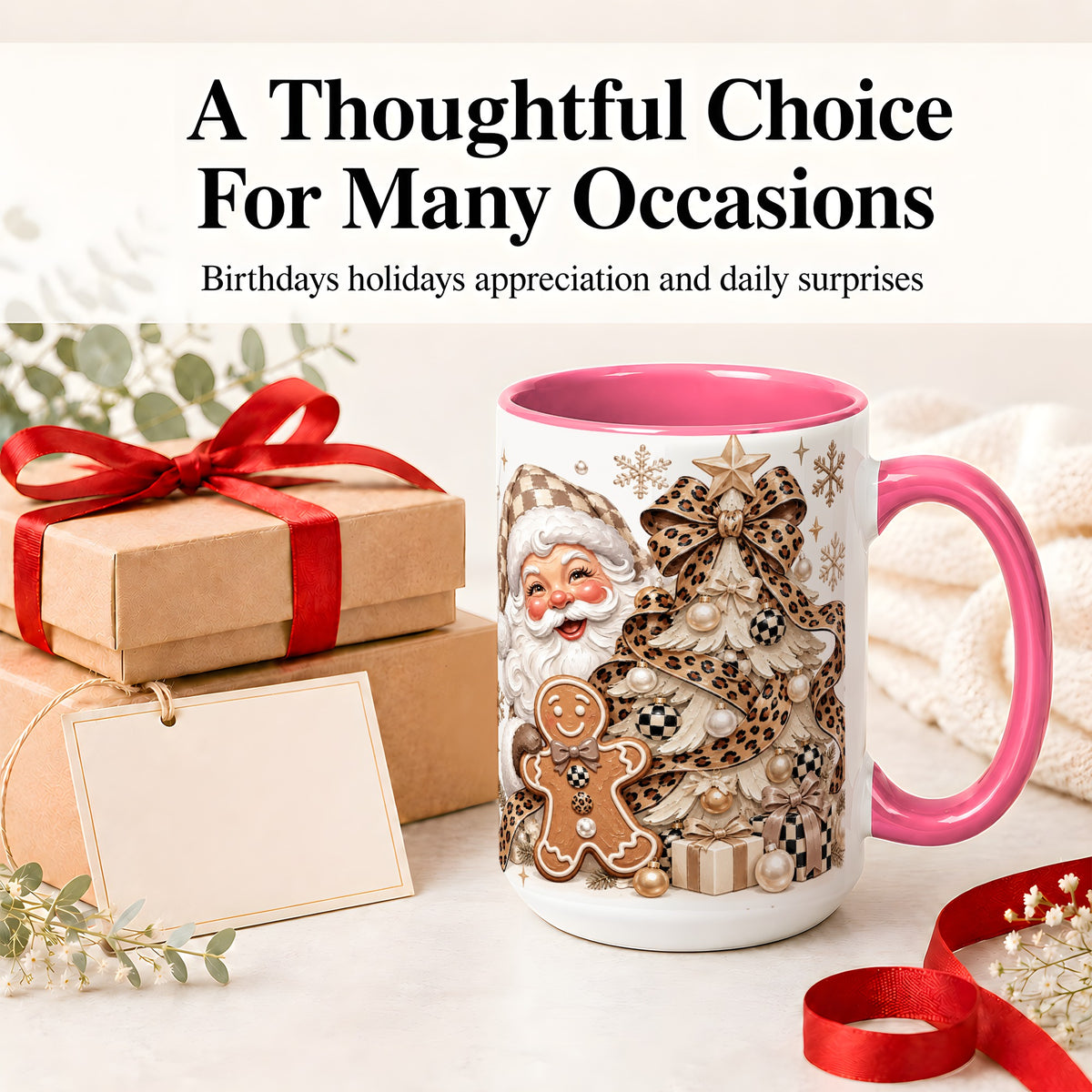 #pl[15oz|Pink] Leopard Bow Christmas Ceramic Mug with Santa and Gingerbread