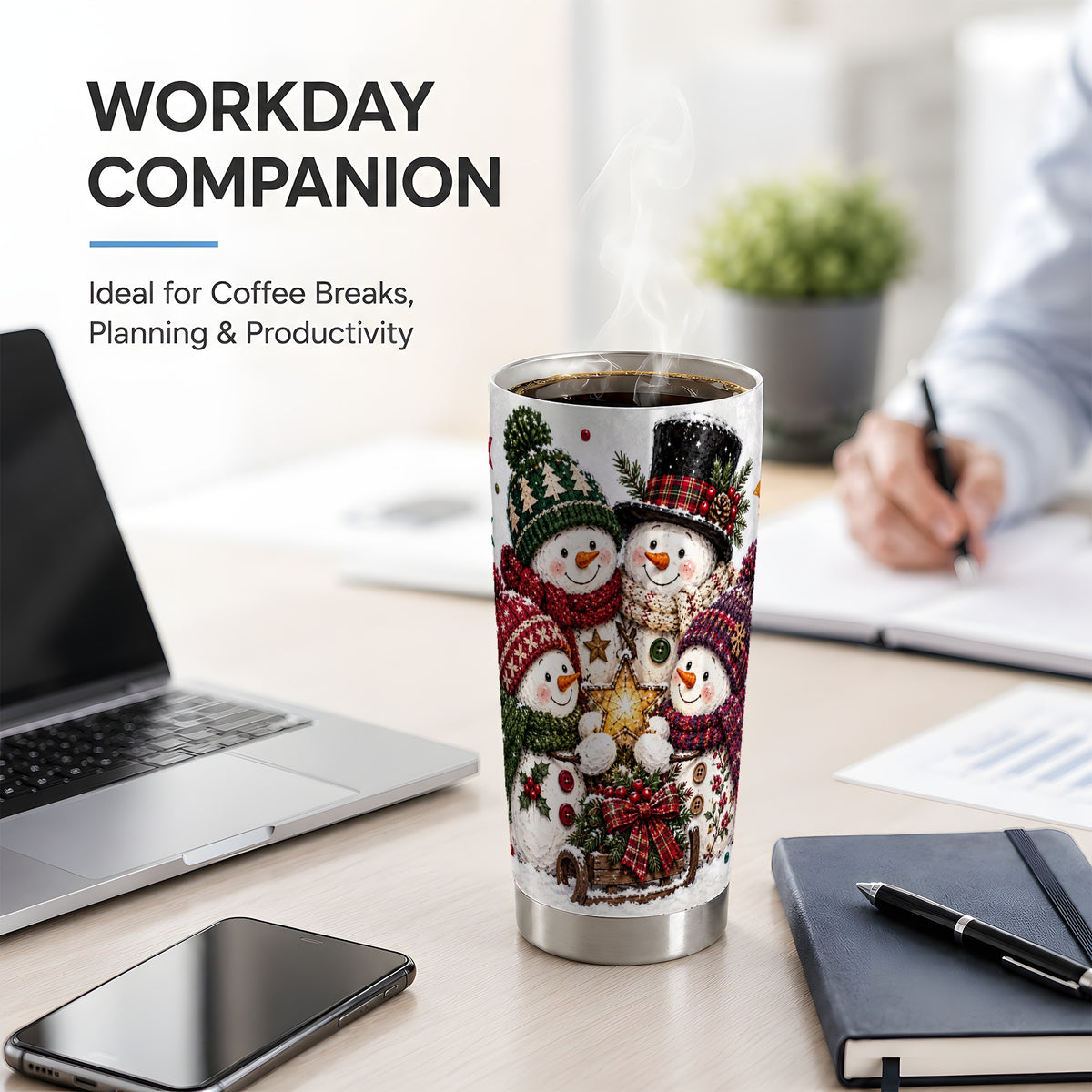 #pl[20oz|Steel] Plaid Snowman Christmas 20oz Tumbler with Knit Winter Artwork