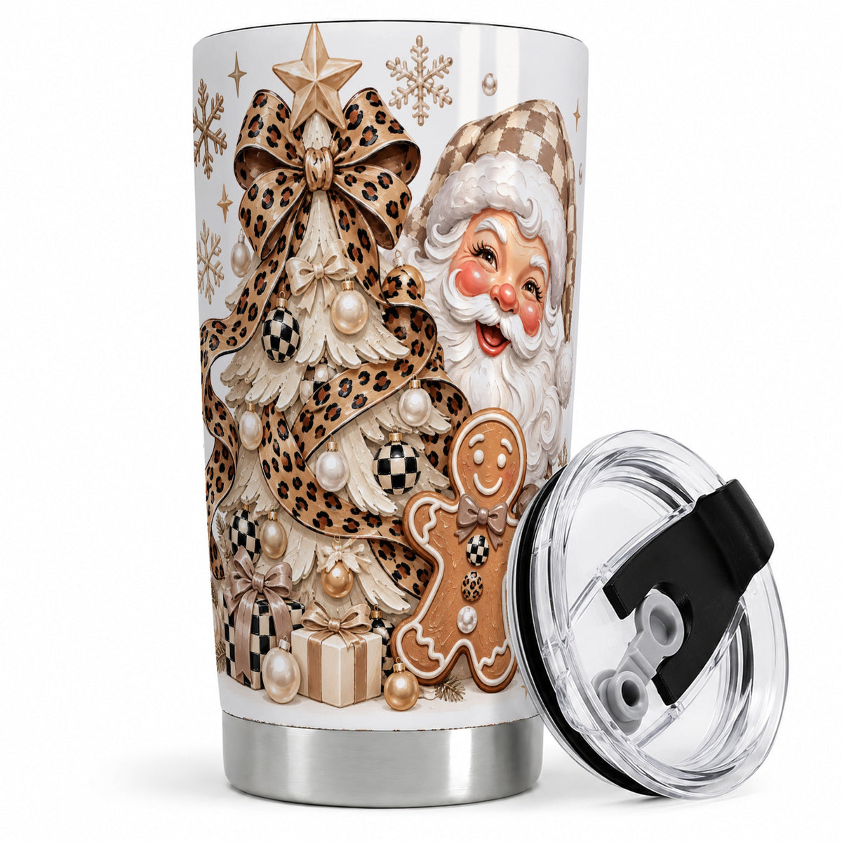 Leopard Santa Christmas 20oz Tumbler with Checkered Ornament Artwork