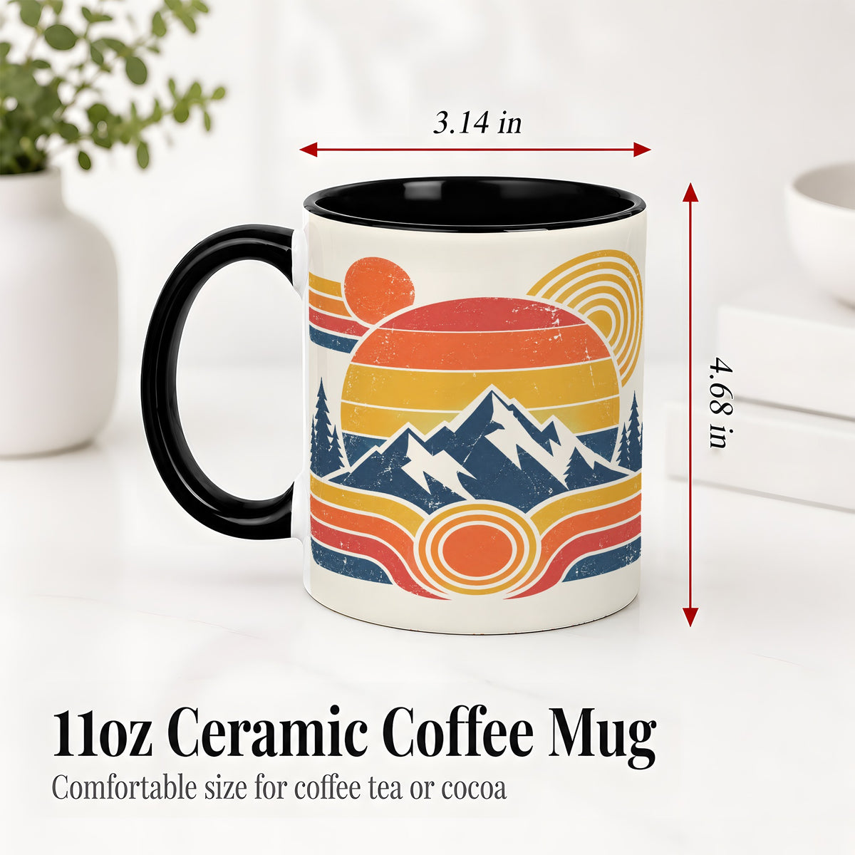 #pl[11oz|Black] Retro Mountain Sunset Ceramic Mug with Pine Forest Artwork