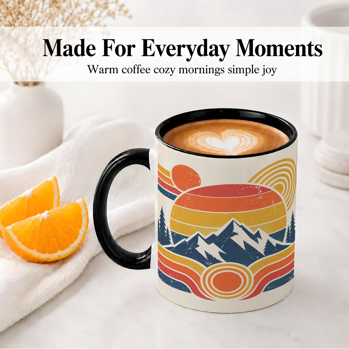 #pl[11oz|Black] Retro Mountain Sunset Ceramic Mug with Pine Forest Artwork