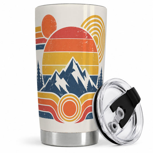 Retro Pine Mountain 20oz Tumbler with Sunset Stripe Artwork