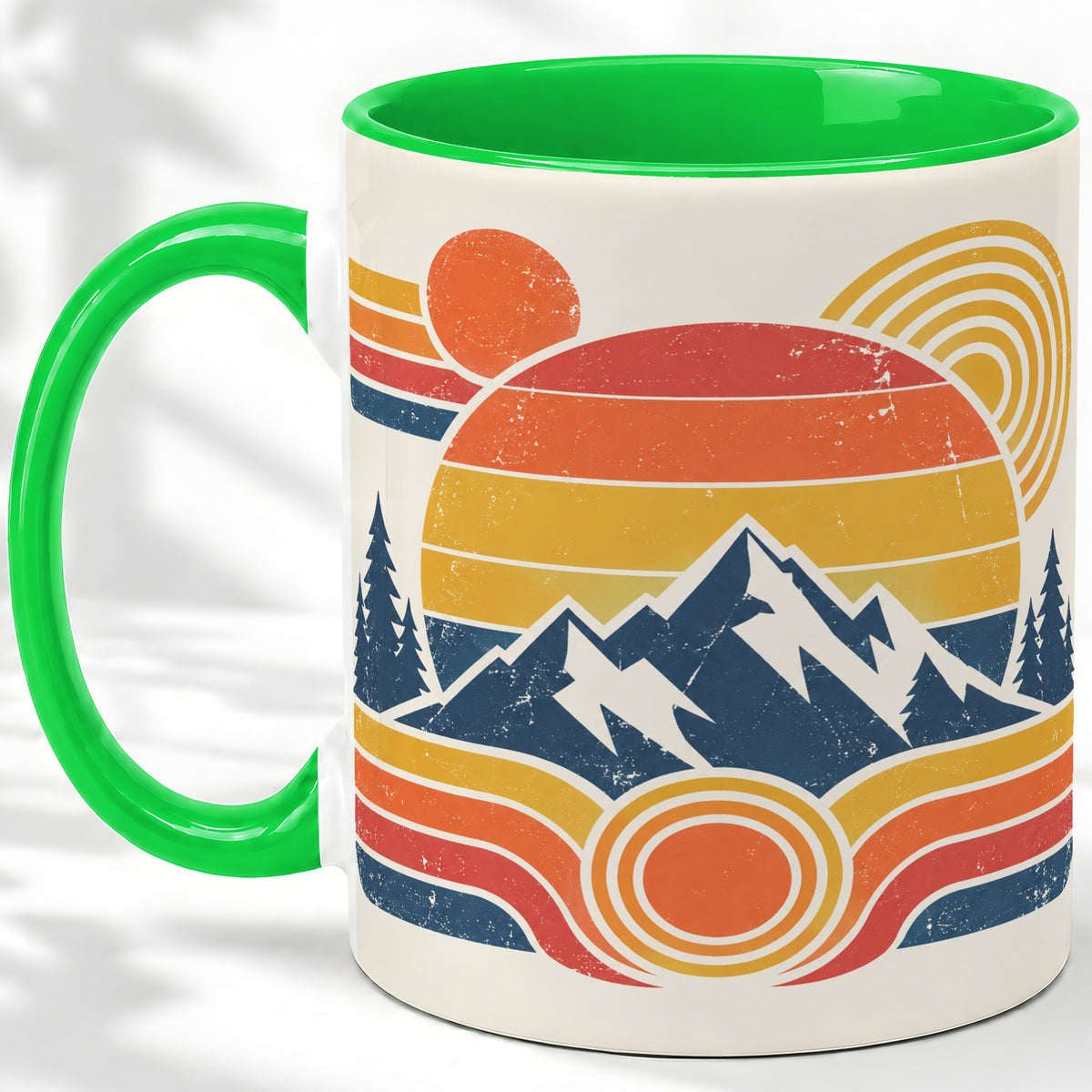 #pl[11oz|Green] Retro Mountain Sunset Ceramic Mug with Pine Forest Artwork