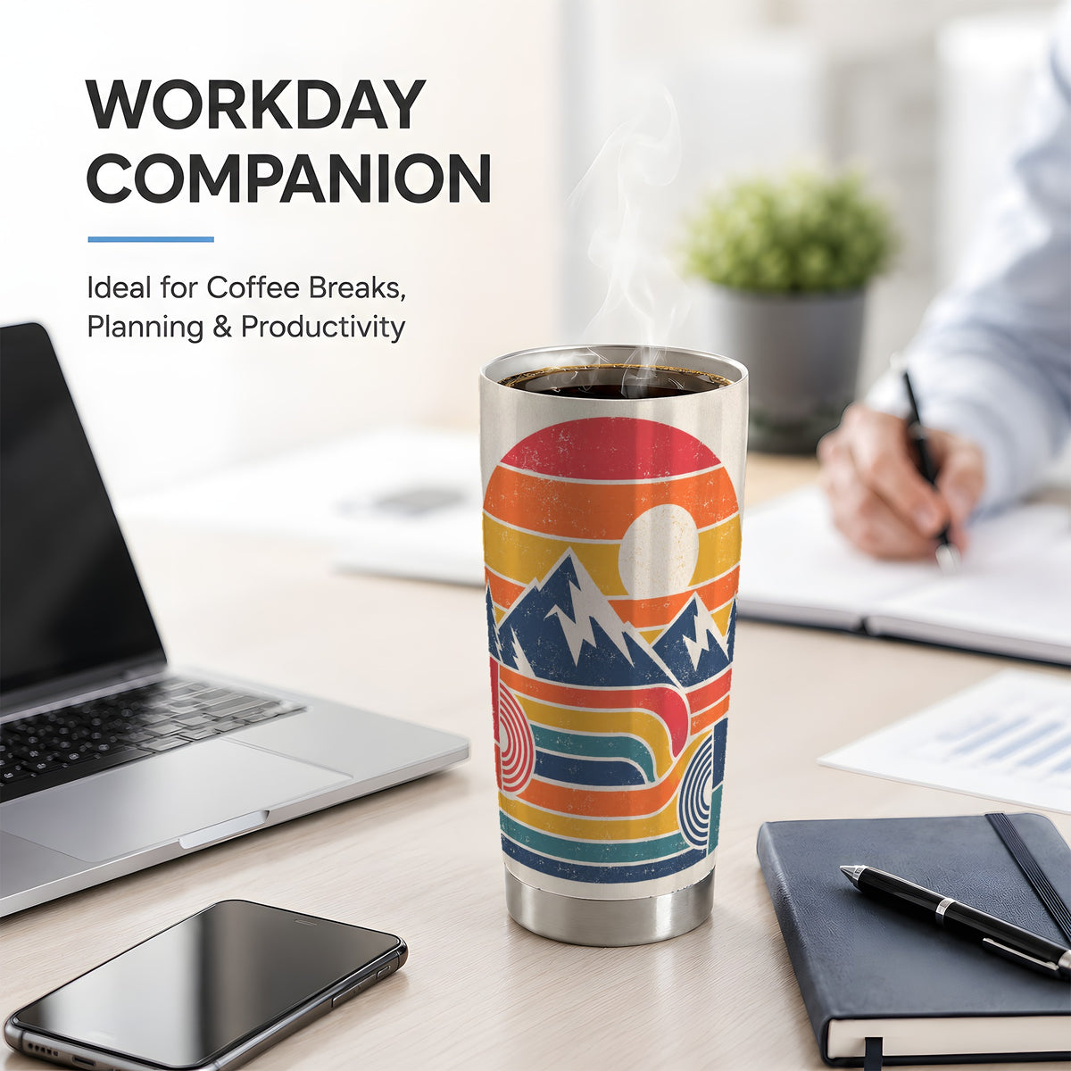 #pl[20oz|Steel] Geometric Mountain Sunset 20oz Tumbler with Retro Stripe Artwork