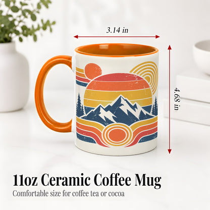 #pl[11oz|Orange] Retro Mountain Sunset Ceramic Mug with Pine Forest Artwork