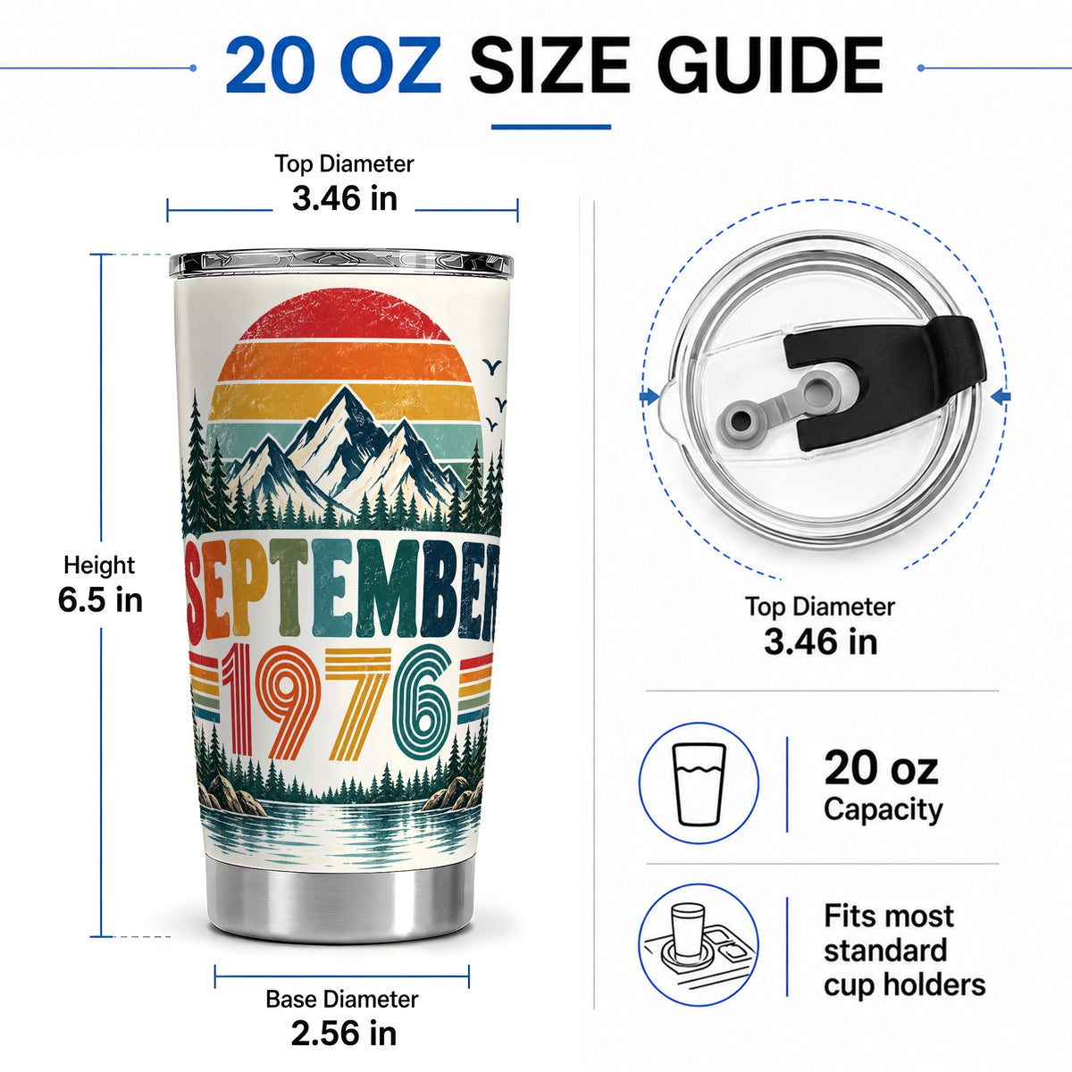 #pl[20oz|Steel] September 1976 Mountain 20oz Tumbler, Retro Forest Lake Scenic Artwork