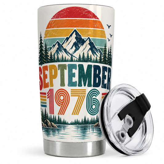 September 1976 Mountain 20oz Tumbler, Retro Forest Lake Scenic Artwork
