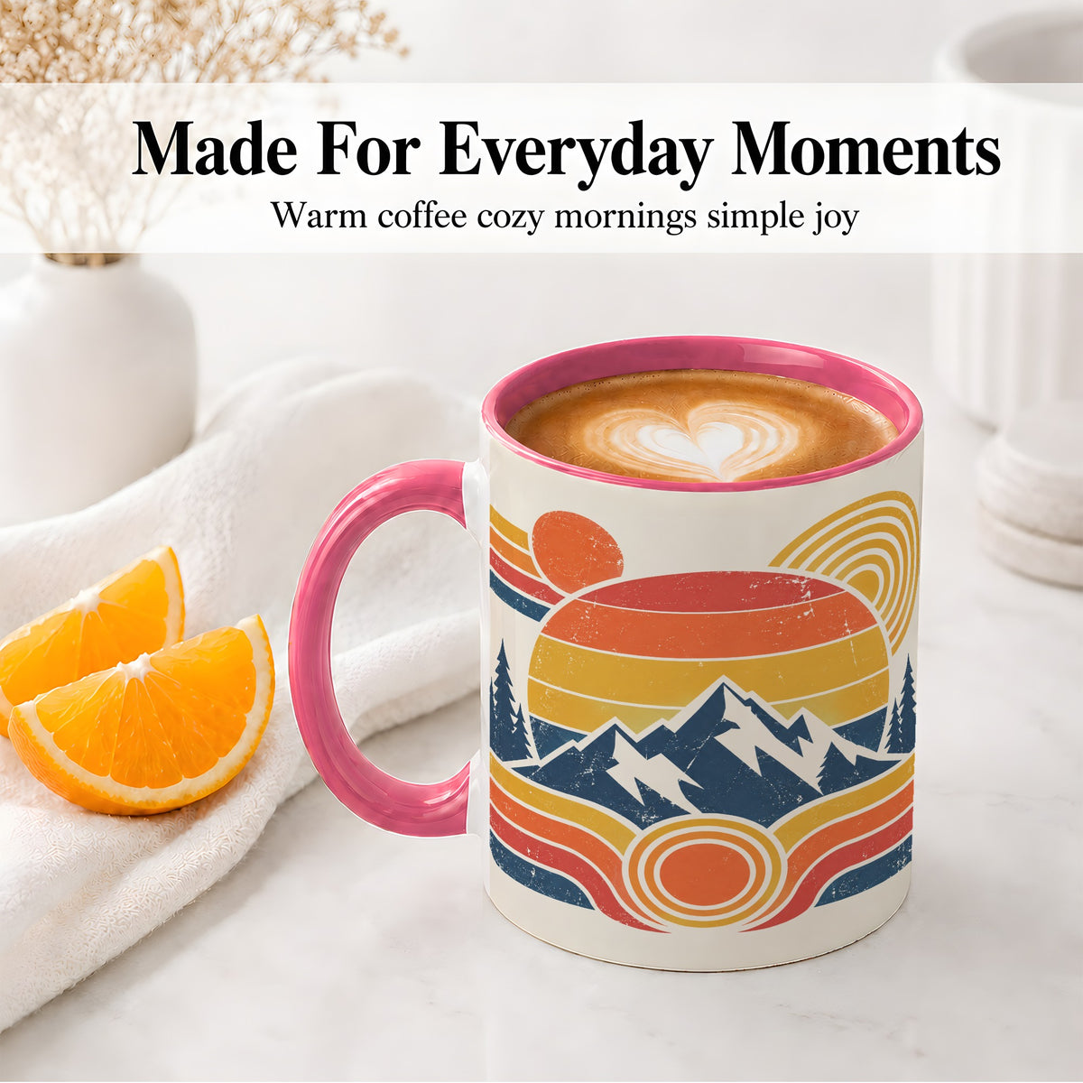 #pl[11oz|Pink] Retro Mountain Sunset Ceramic Mug with Pine Forest Artwork
