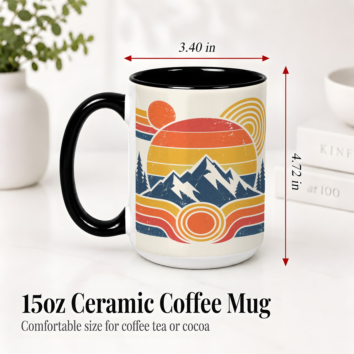 #pl[15oz|Black] Retro Mountain Sunset Ceramic Mug with Pine Forest Artwork