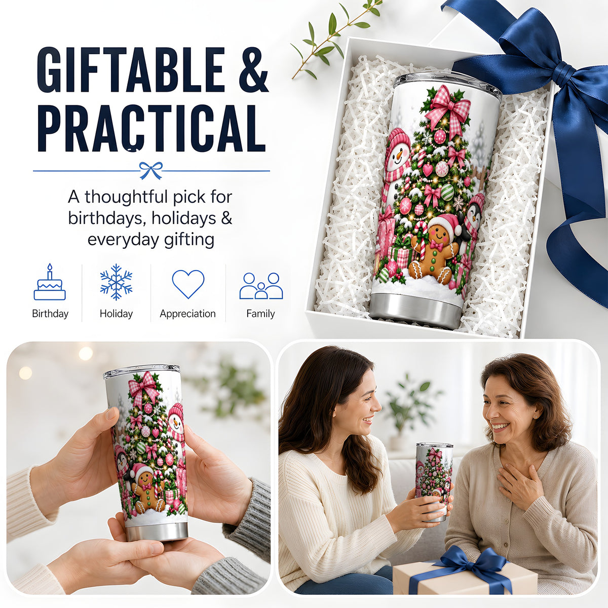 #pl[20oz|Steel] Pink Christmas Characters 20oz Tumbler, Cute Holiday Tree Artwork