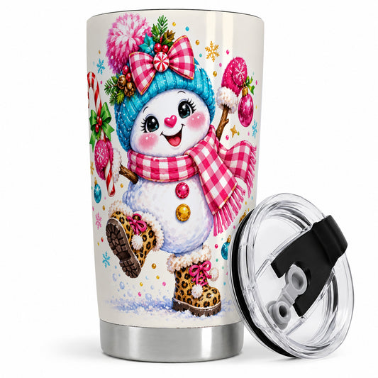 Playful Snowman 20oz Tumbler, Pink Plaid Christmas Character Artwork