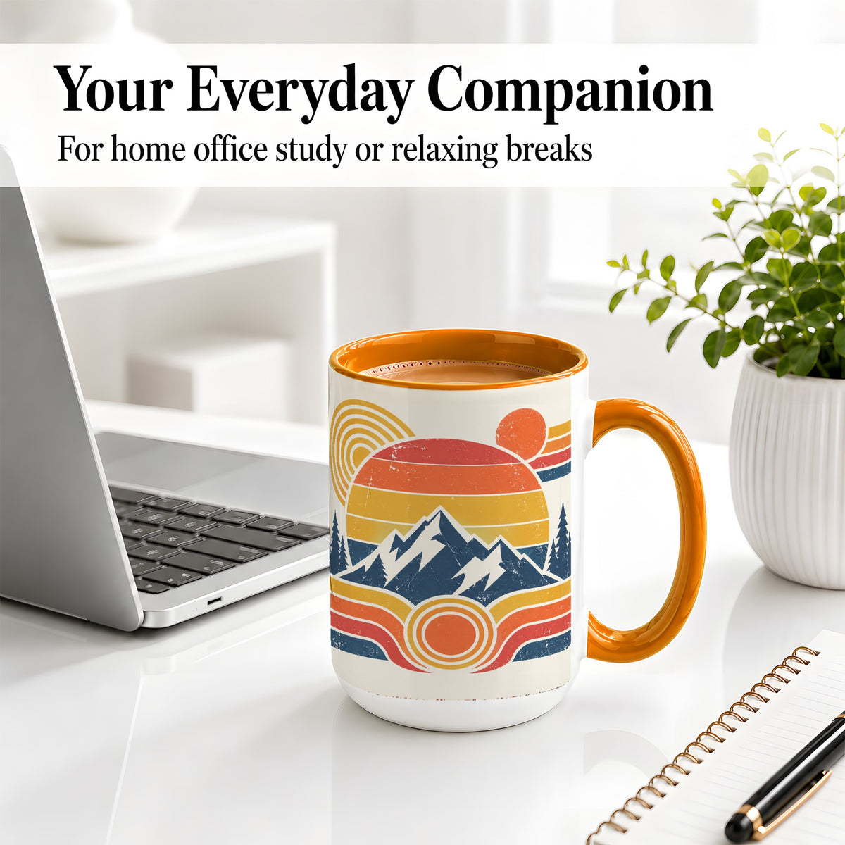 #pl[15oz|Orange] Retro Mountain Sunset Ceramic Mug with Pine Forest Artwork