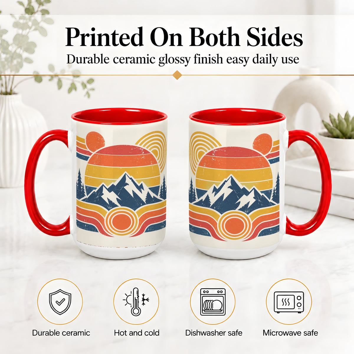 #pl[15oz|Red] Retro Mountain Sunset Ceramic Mug with Pine Forest Artwork
