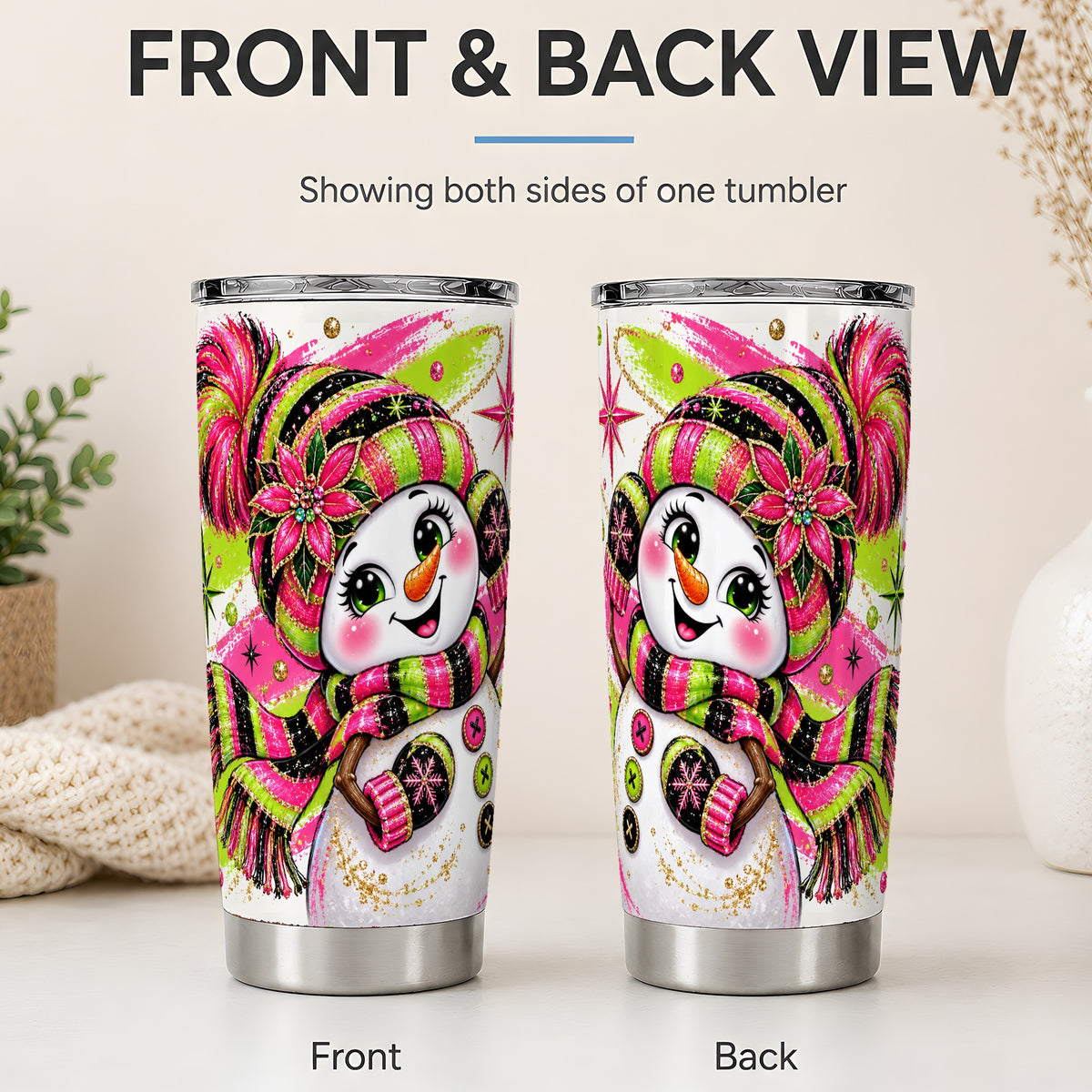 #pl[20oz|Steel] Bold Neon Snowman Tumbler, 20oz Stainless Steel Tumbler for Travel
