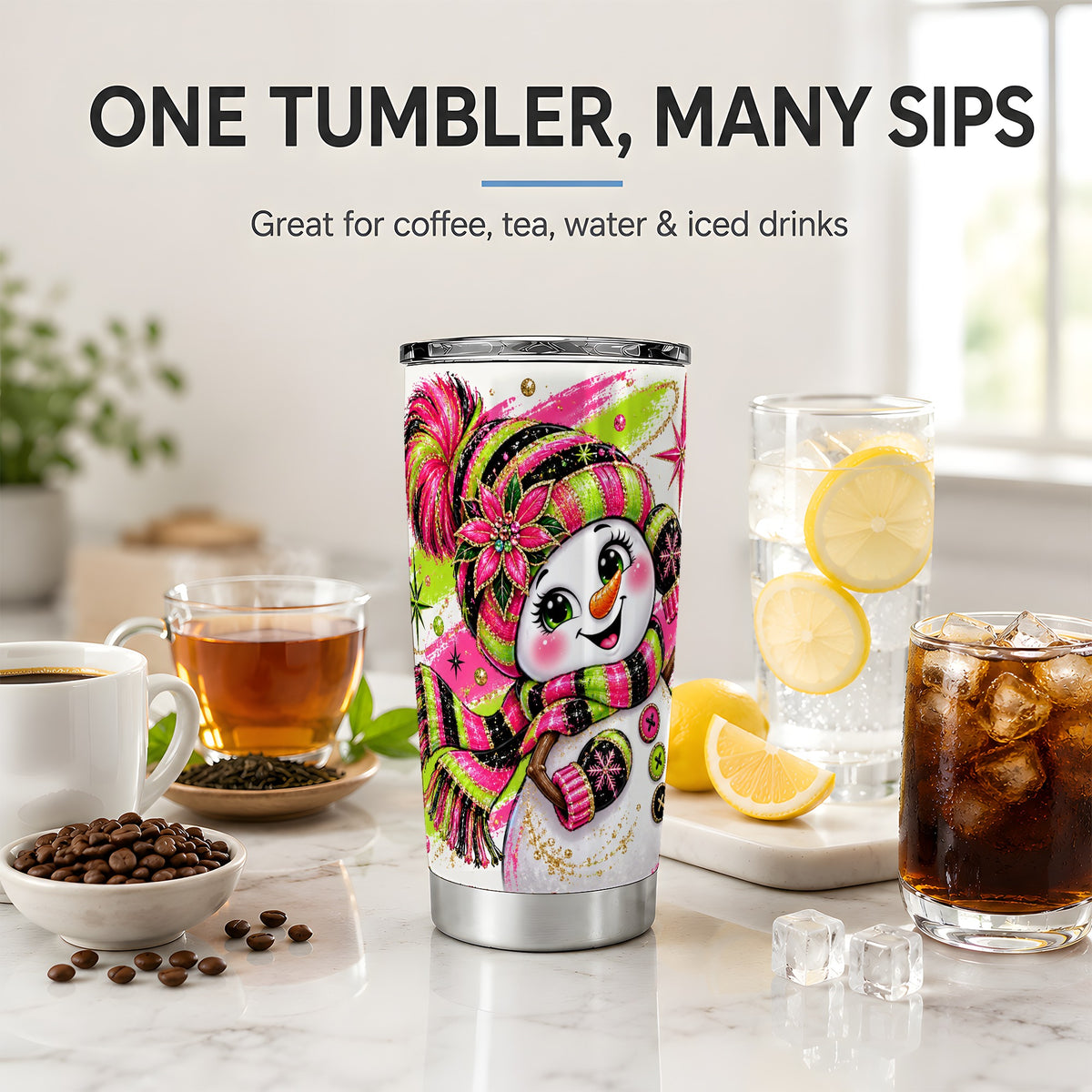 #pl[20oz|Steel] Bold Neon Snowman Tumbler, 20oz Stainless Steel Tumbler for Travel