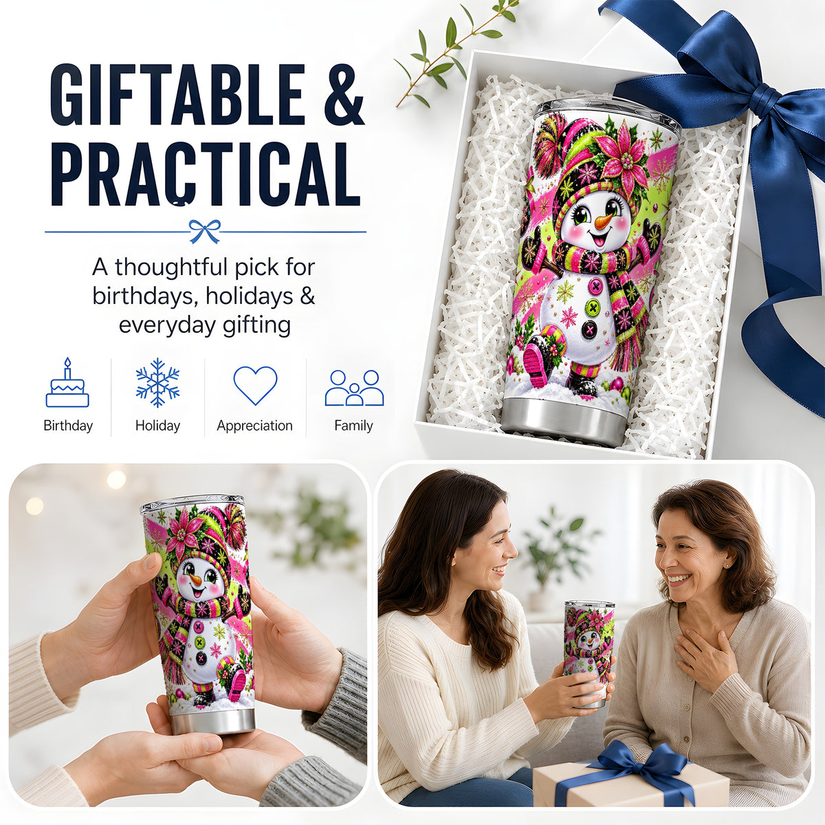 #pl[20oz|Steel] Colorful Christmas Snowman Tumbler, 20oz Tumbler with Festive Artwork