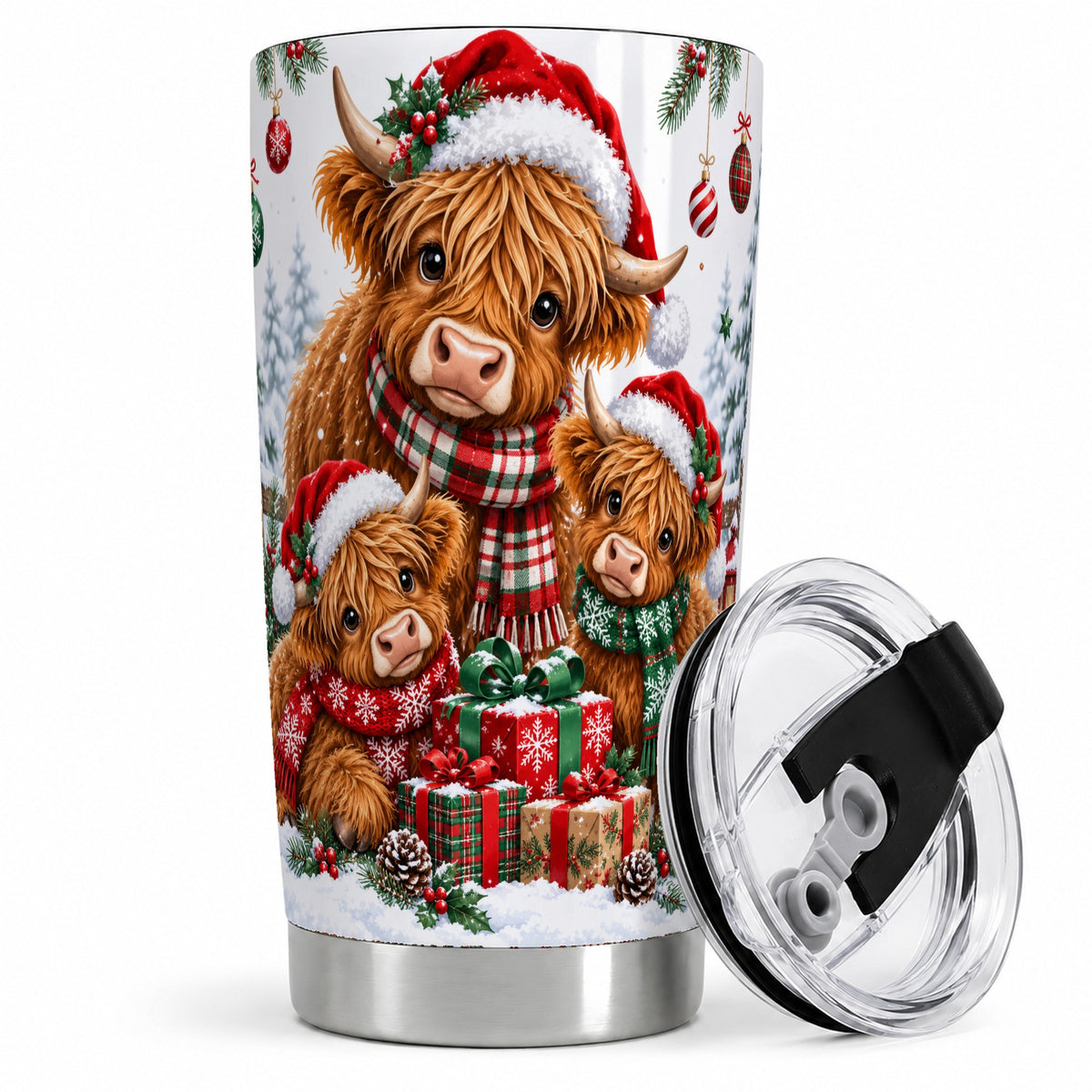 Christmas Highland Cow Tumbler, 20oz Tumbler with Winter Farm Artwork