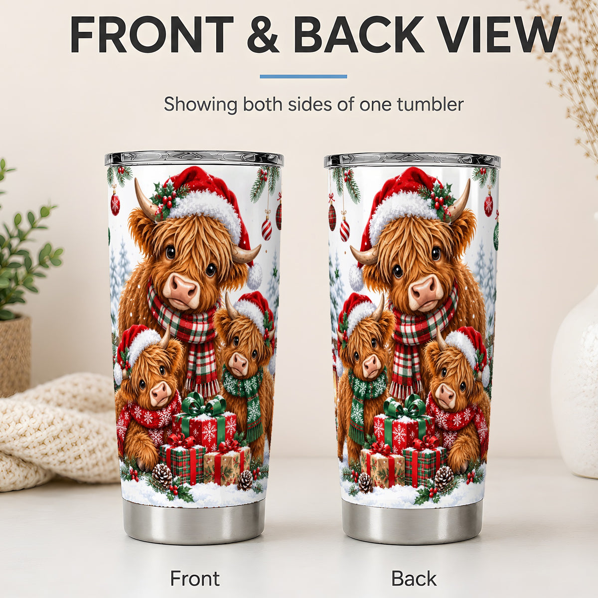 #pl[20oz|Steel] Christmas Highland Cow Tumbler, 20oz Tumbler with Winter Farm Artwork